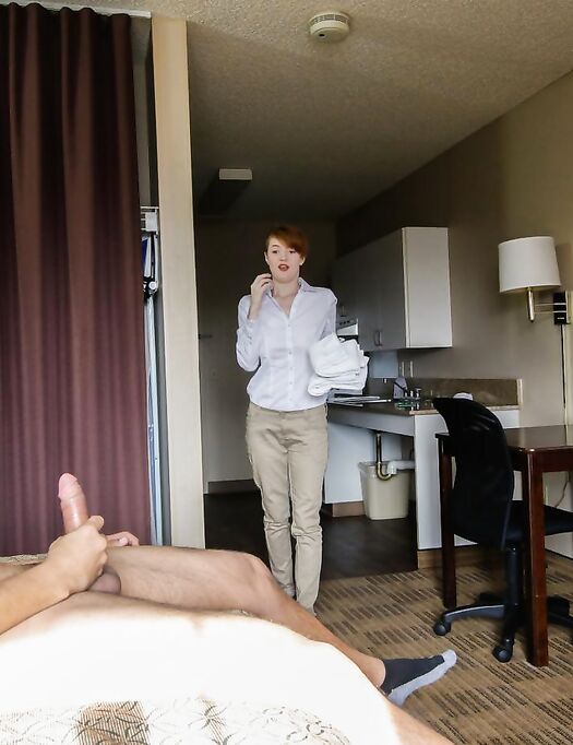Bruno Was All Alone In His Hotel Room Just Trying To Watch Some Porn And Jerk Off; Thats When Abbey Came In To Drop Some Towels Off, Except She Didnt Even Knock. photos (Abbey Rain)