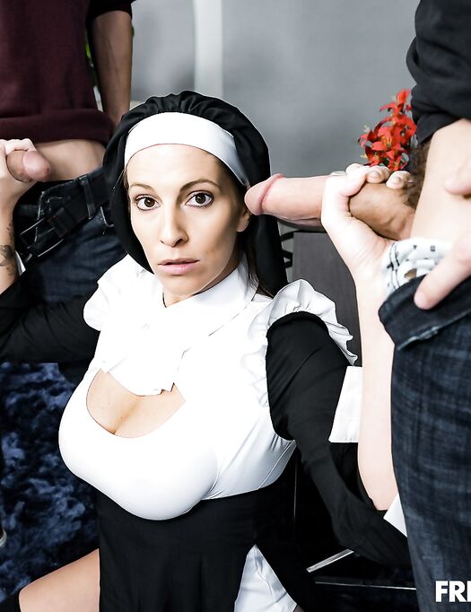 Busty Nun In Stockings Gets Properly Fucked By 2 Young Boys photos (Annie King)